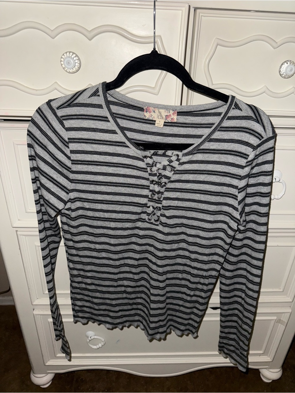 Striped Lace-Up Long Sleeve Top - Gray/Black